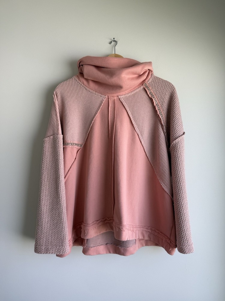 POL Womens Small Oversized Hoodie Blush Pink Waffle Knit Boho Sweatshirt