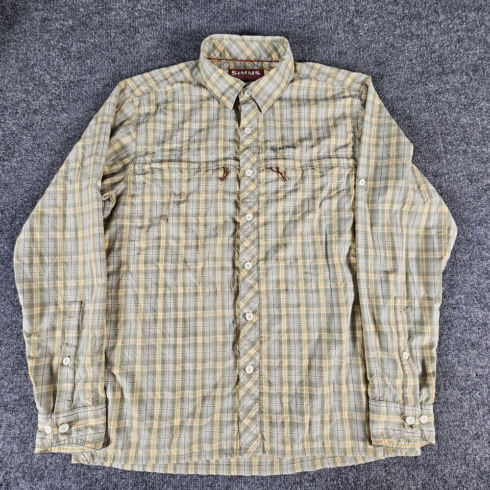 SIMMS Fishing Shirt Mens Size M Yellow Green Plaid Vented Long Sleeve Outdoors
