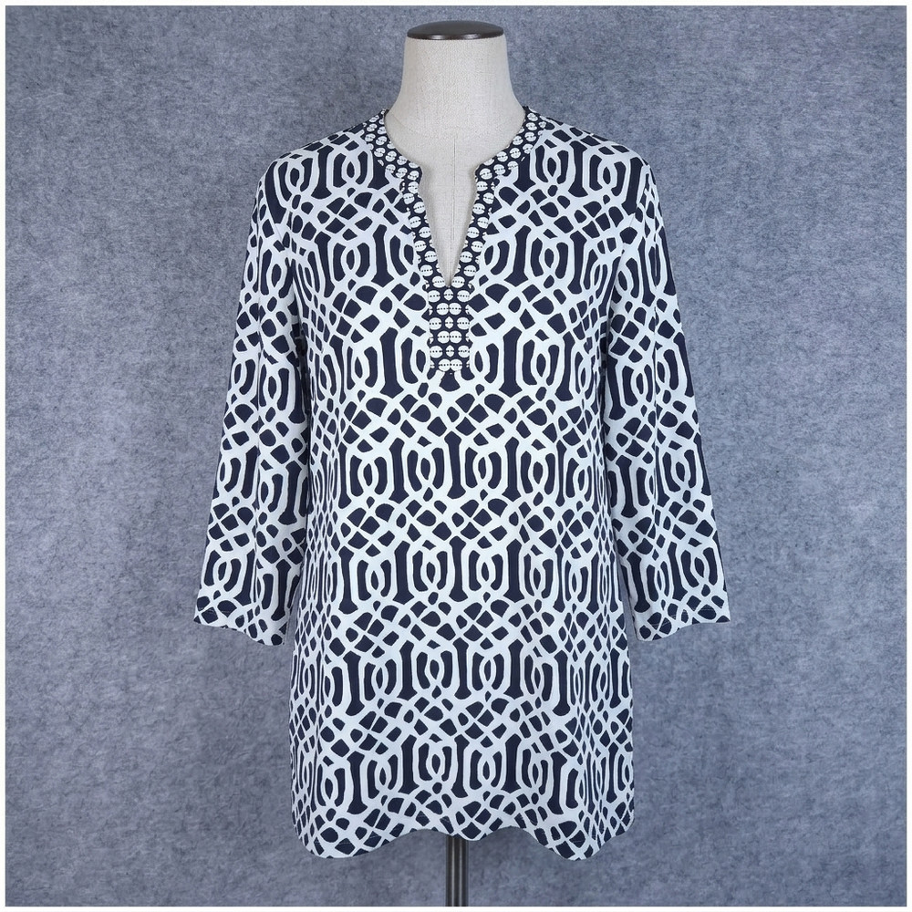 J McLaughlin Elsie Print Tunic XL Navy White Catalina Cloth Stretch Top 3/4 Slv