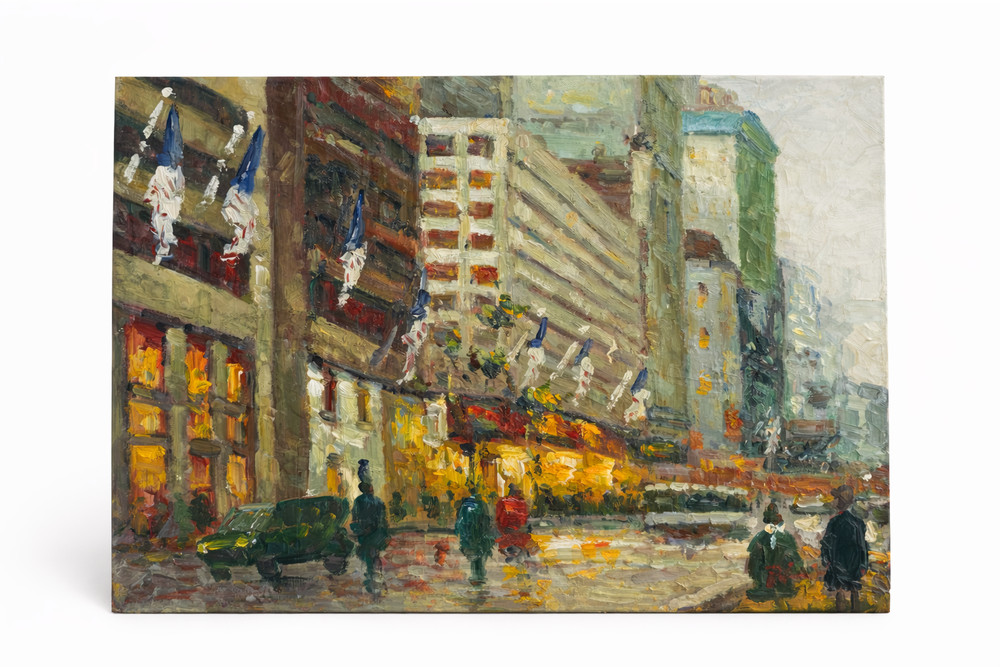 Vintage Impressionist City Street Oil Painting on Canvas Urban Scene Mid Century