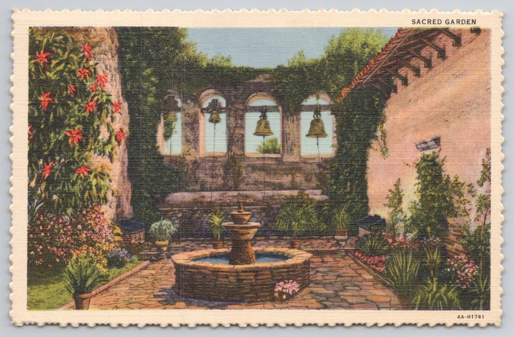 Mission San Juan Capistrano Sacred Garden Bells Fountain Linen Postcard