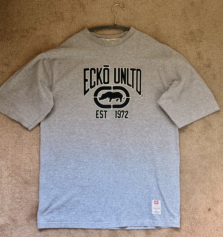 Ecko Unltd Men's T-Shirt Size Large Gray Rhino Logo Est 1972 Y2K Streetwear