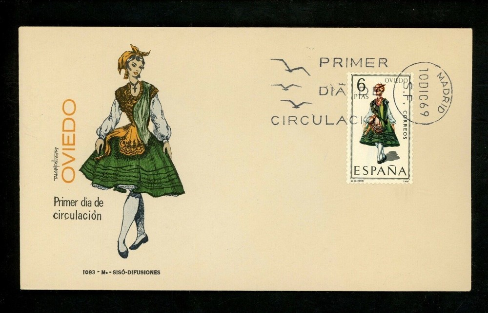 Postal History Spain FDC #1427 Regional Costumes dress Oviedo 1969