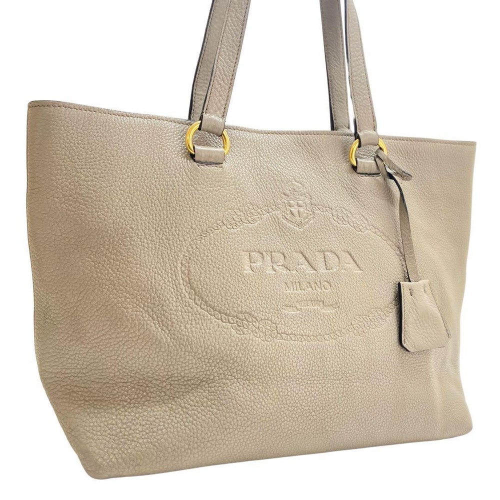 Prada Grey Leather Logo Embossed Tote Bag