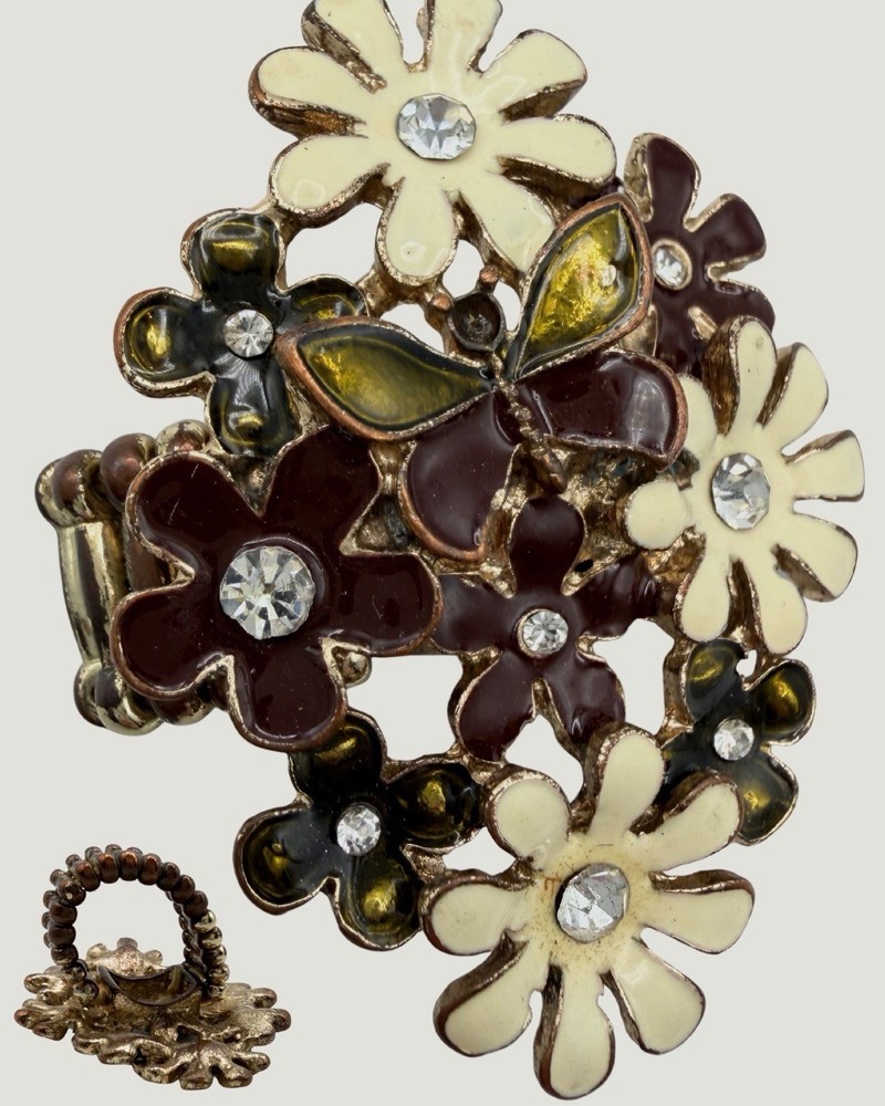 Retro Enamel Butterfly Flower Stretch Ring Gold Brown Rhinestone