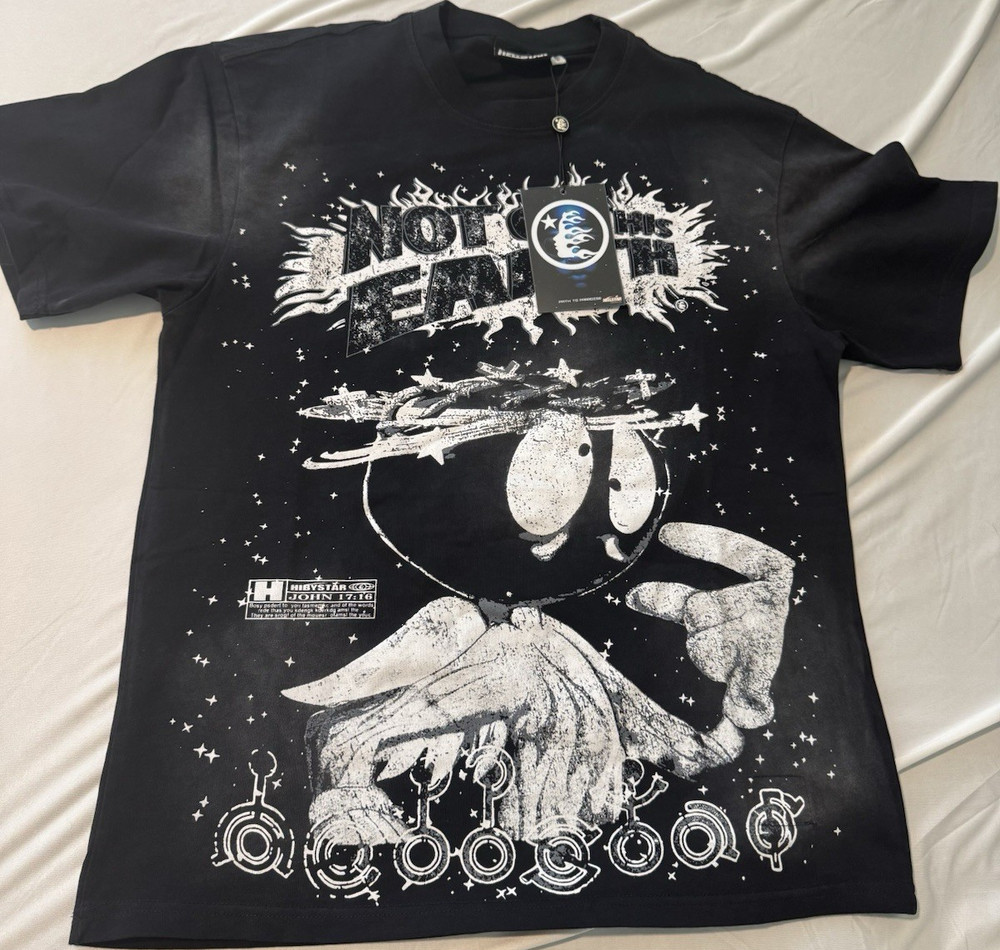 Hellstar Men’s Black Cotton Crew Neck Space Graphic Logo T-Shirt Size S