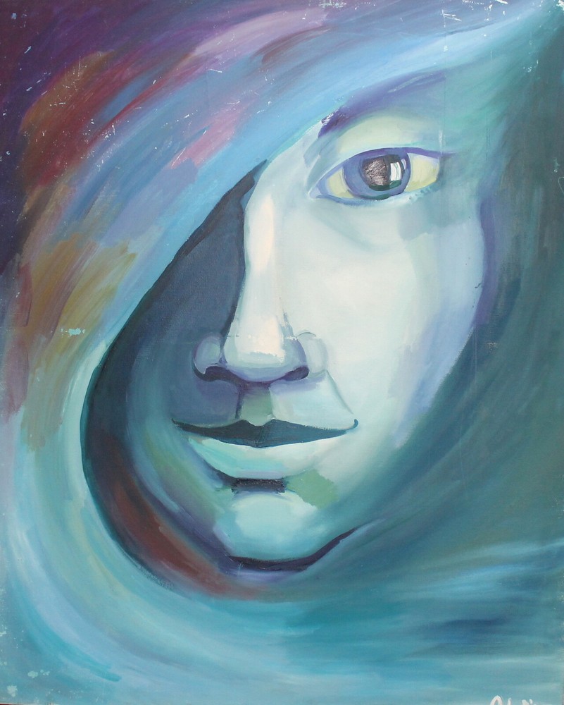 Signed abstract modernist oil portrait painting, vibrant and unique-image