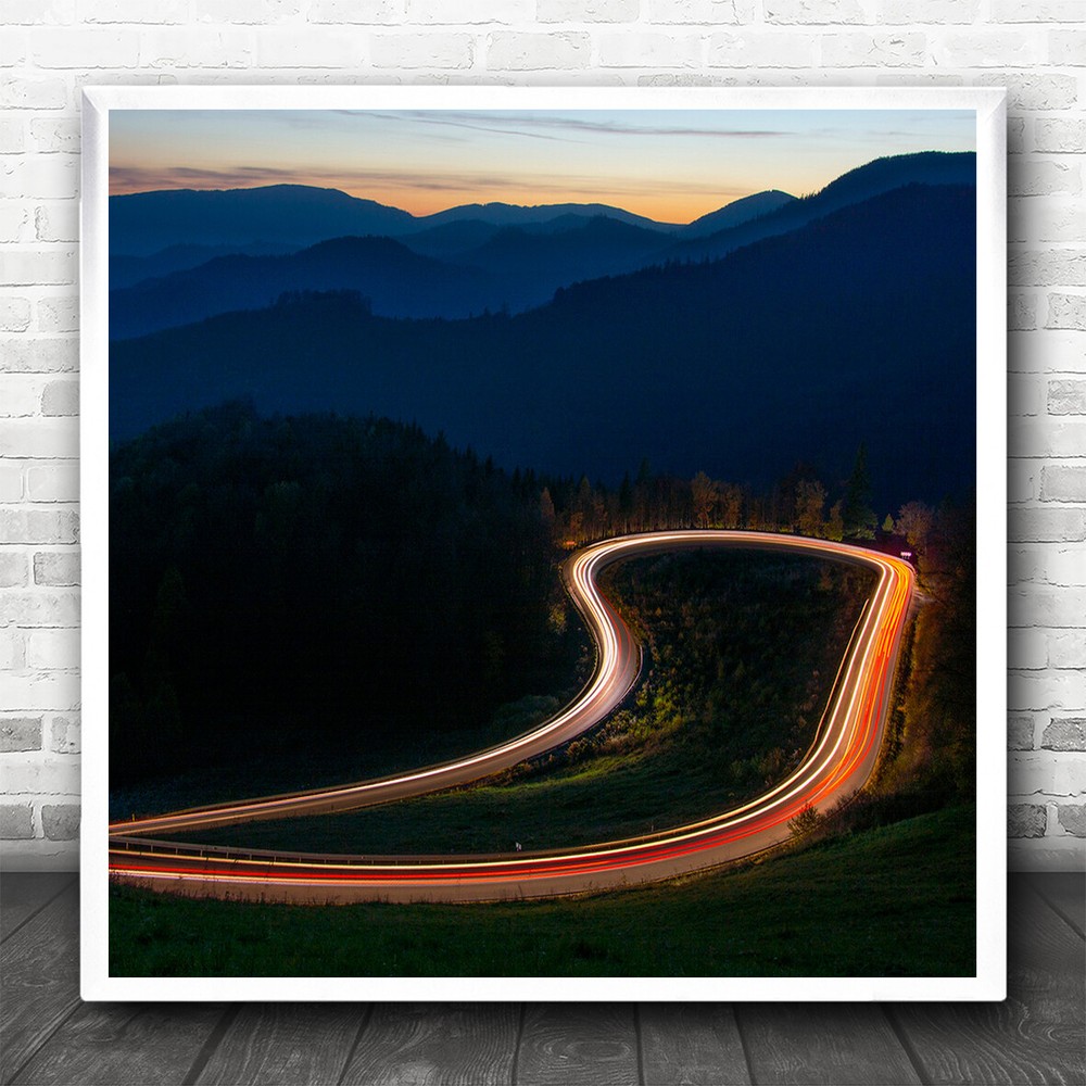 Horseshoe Road Car Lights Long Exposure Square Wall Art Print