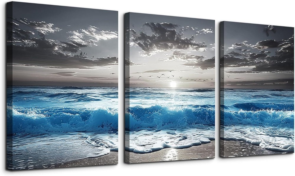 TTHYUEWS Beach Wall Art For Living 12x16inches*3pcs, Blue Sea Wave Pictures