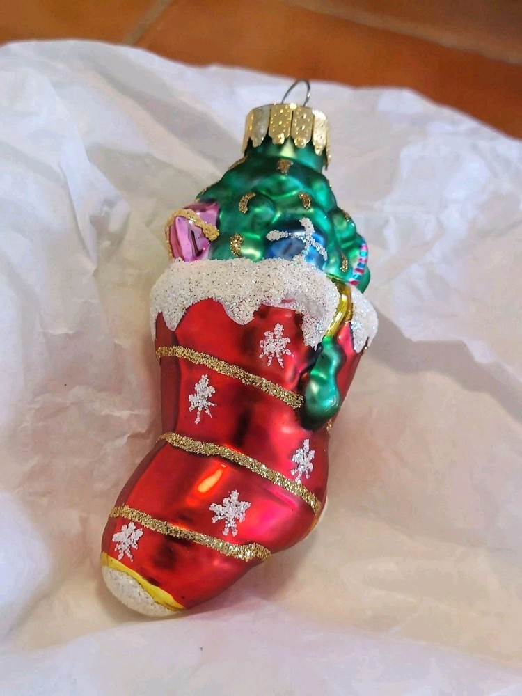 Red Stocking Tree Blown Glass Christmas Ornament
