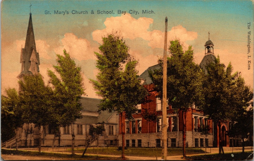 St. Mary's Church and School Bay City Michigan Vintage Postcard