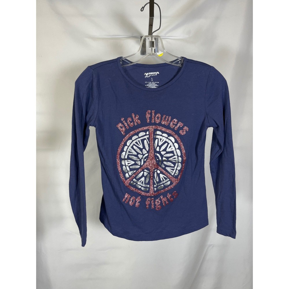 Arizona Jean Co Girls Navy Blue Peace Sign Graphic Long Sleeve Tee Shirt Size 14
