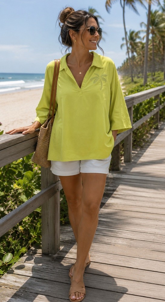 Calypso St. Barth Lime Green Linen Blend Tunic Top Palm Tree Embroidered 1X GUC