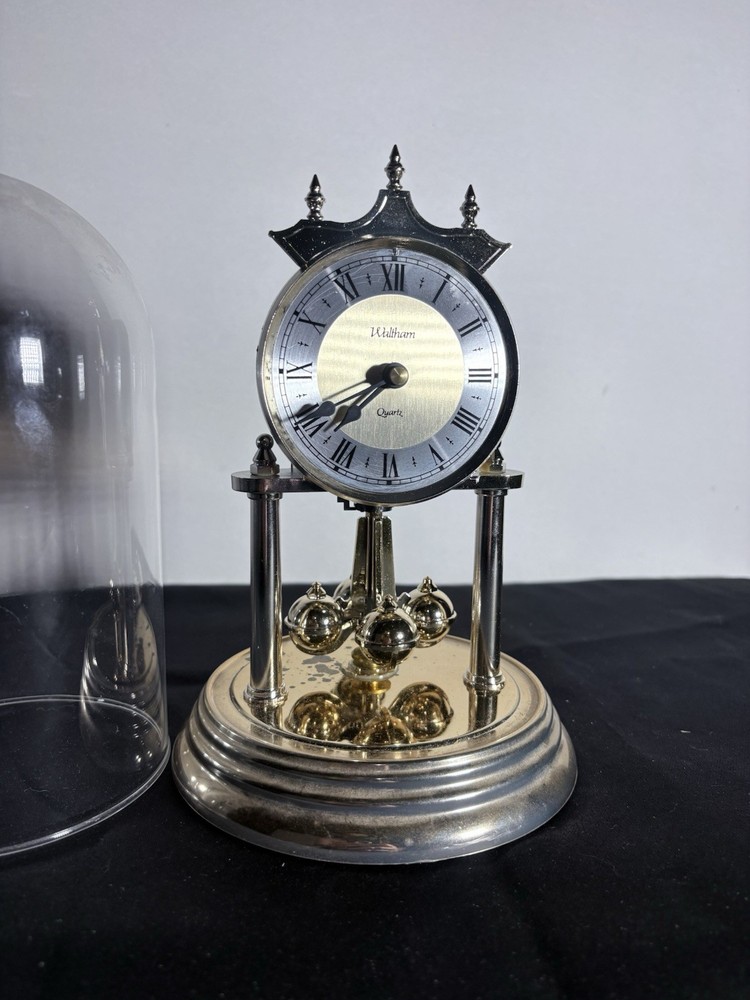 Waltham Model 601 Quartz Anniversary Clock Silver Gold Glass Dome Pendulum