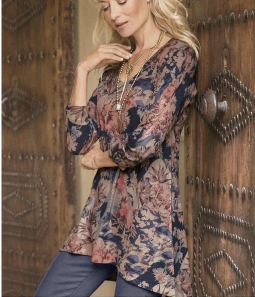 Soft Surroundings Floral Mixed Print Tunic Top 2X Blue Pink Boho Relaxed Fit