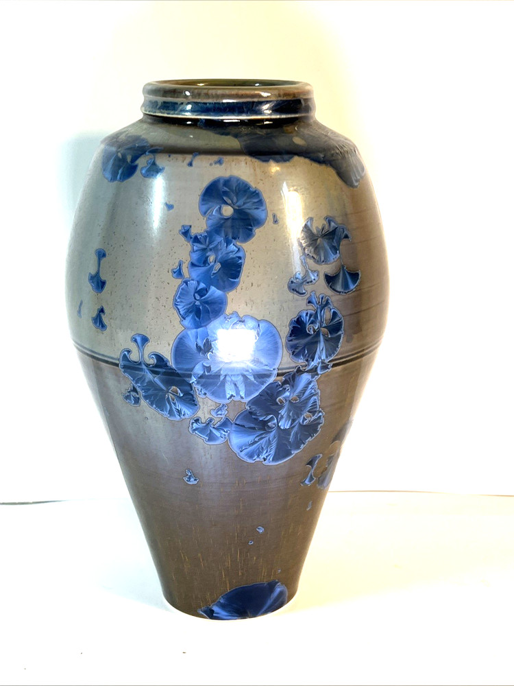 Blue Crystalline Glaze Pottery Vase Very Nice  Signed Piece 9 Inches Tall
