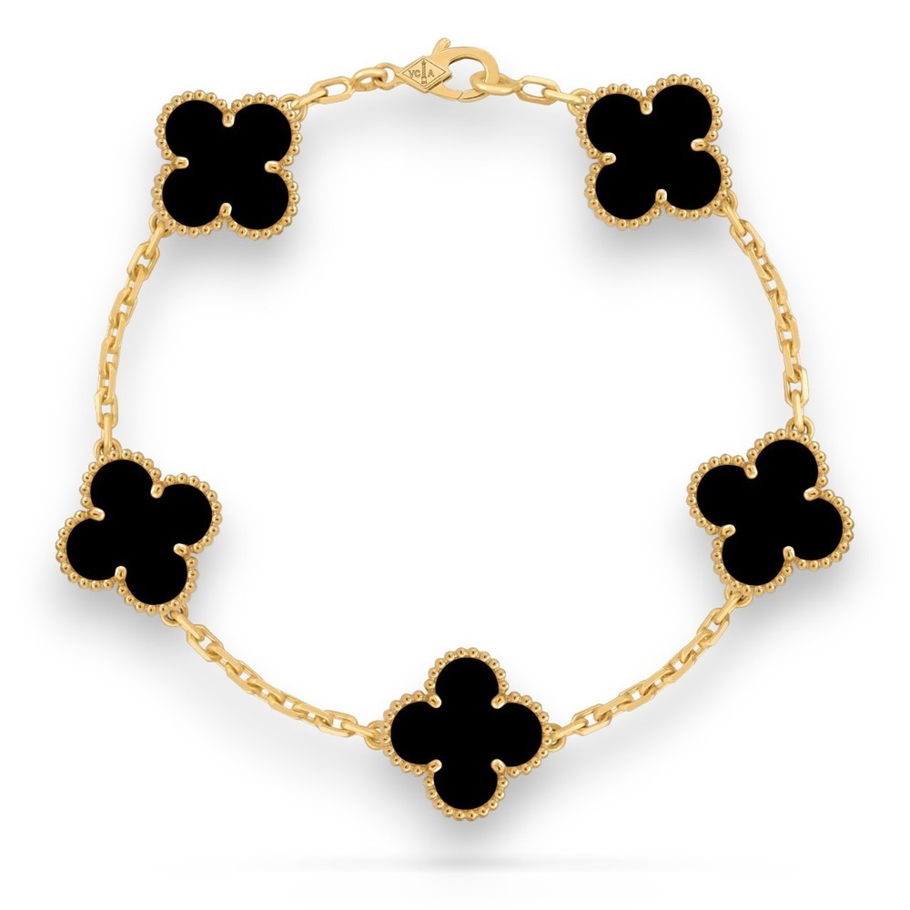 Van Cleef & Arpels Vintage Alhambra Chain Bracelet 18k Yellow Gold Black Onyx