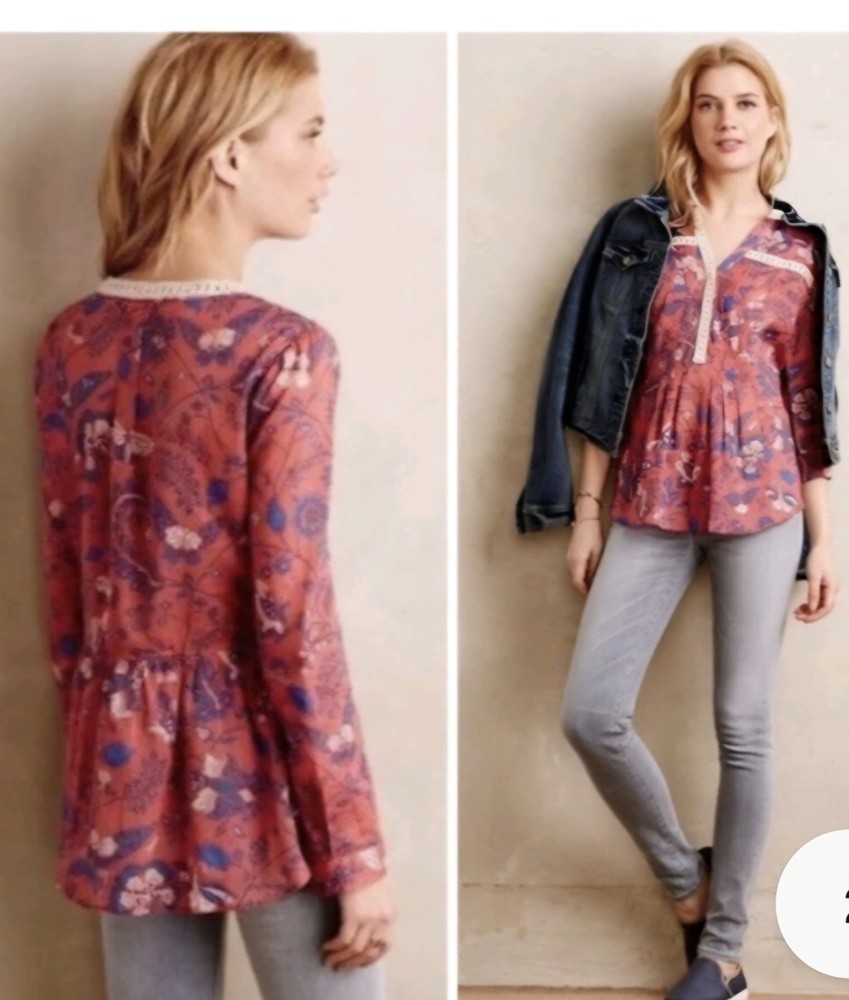 Maeve Anthropologie Abella Floral Butterfly Blouse Size 12 Roll Tab Long Sleeve