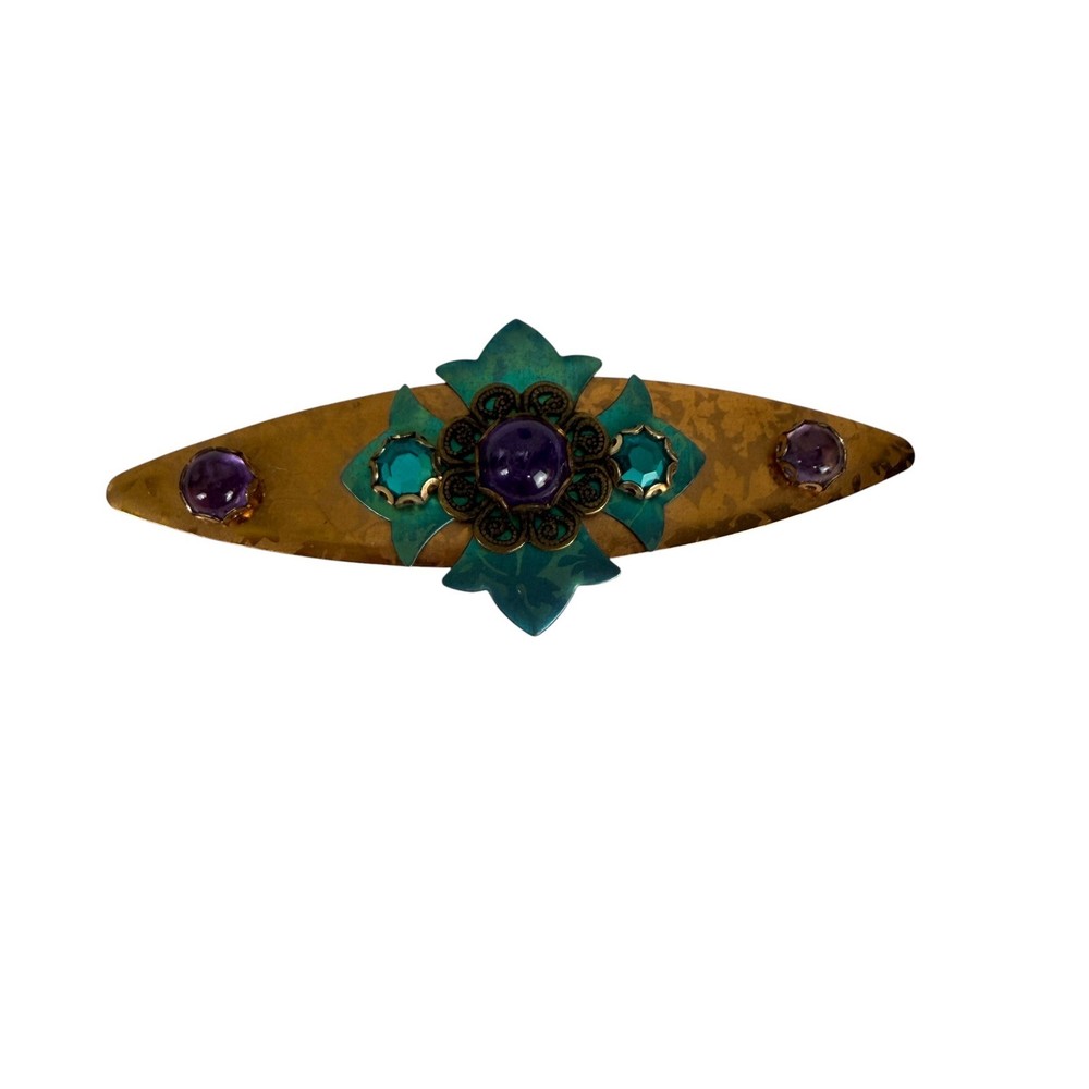 Vintage Copper Verdigris Brooch Purple Teal Crystal Floral Filigree Pin 2.5