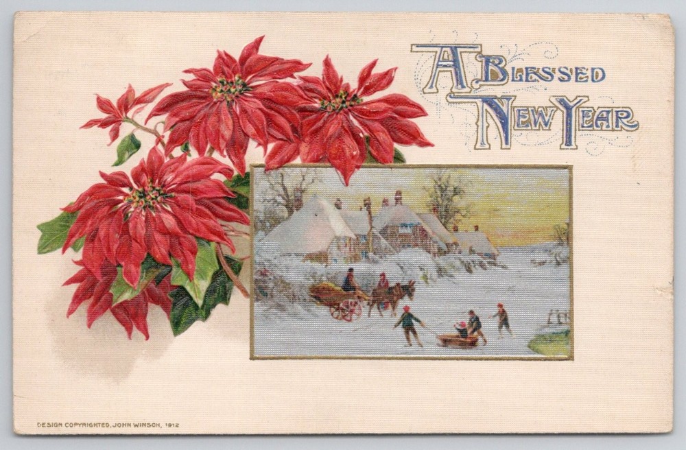 1912 John Winsch Poinsettia New Year Winter Village Embossed Postcard