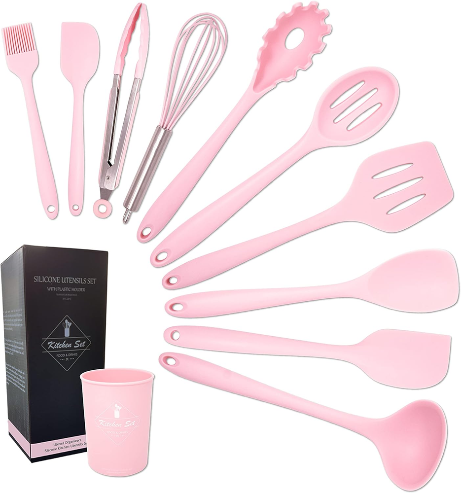 Silicone Cooking Utensils Set 11 Pcs Pink Kitchen Utensils Set with Holder, Spat