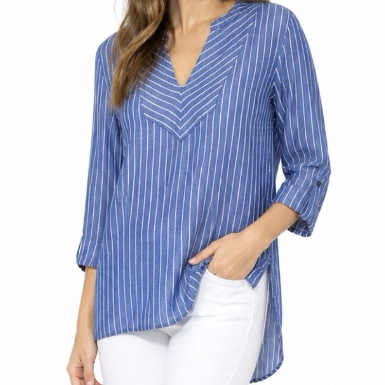 Ivanka Trump Womens Blue Striped Tunic Top Medium Split V Neck High Low Rayon