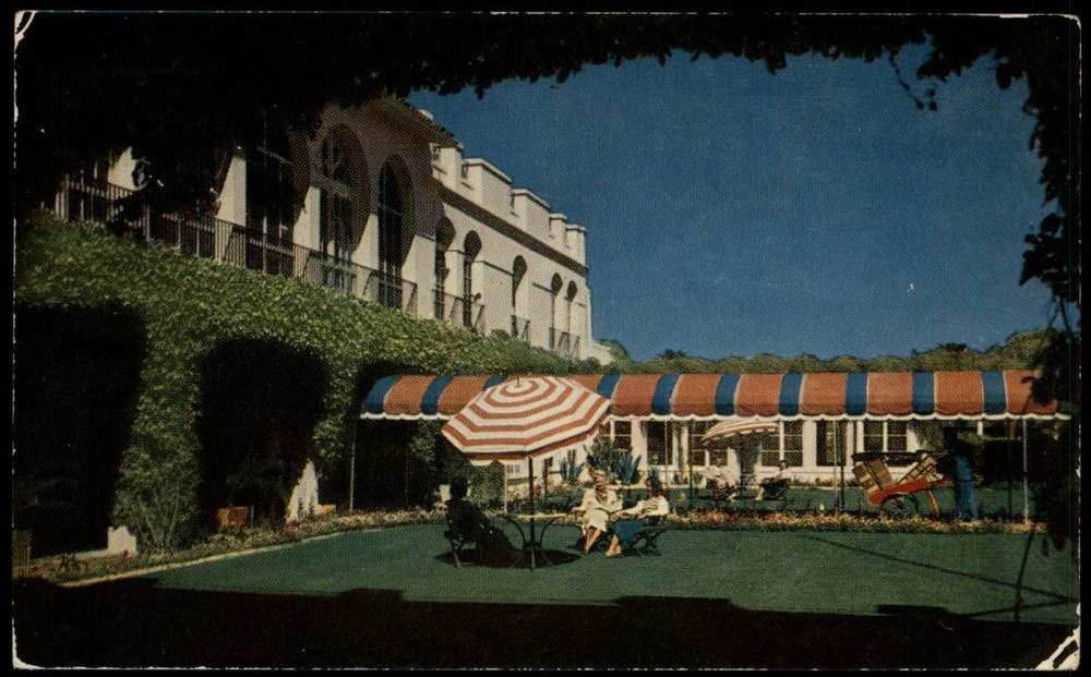 San Marcos Hotel & Bungalows entrance & gardens ~ Chandler Arizona 1955 postcard
