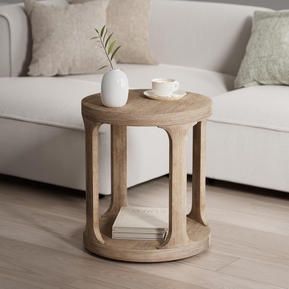 Rustic Wood Farmhouse Round Pedestal End Table for Small Spaces  