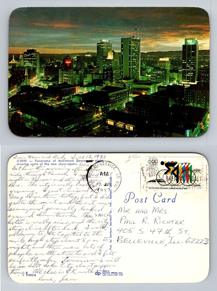 Denver, CO-Colorado, Downtown Skyline at Night Buildings Vintage c1973 Postcard