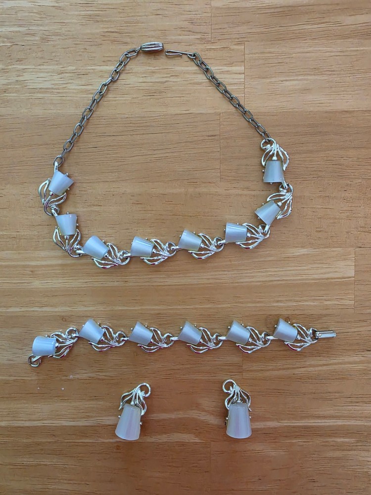 Vintage Set of Silver Tone and Baby Blue Lucite Coro jewelry with Original Box.