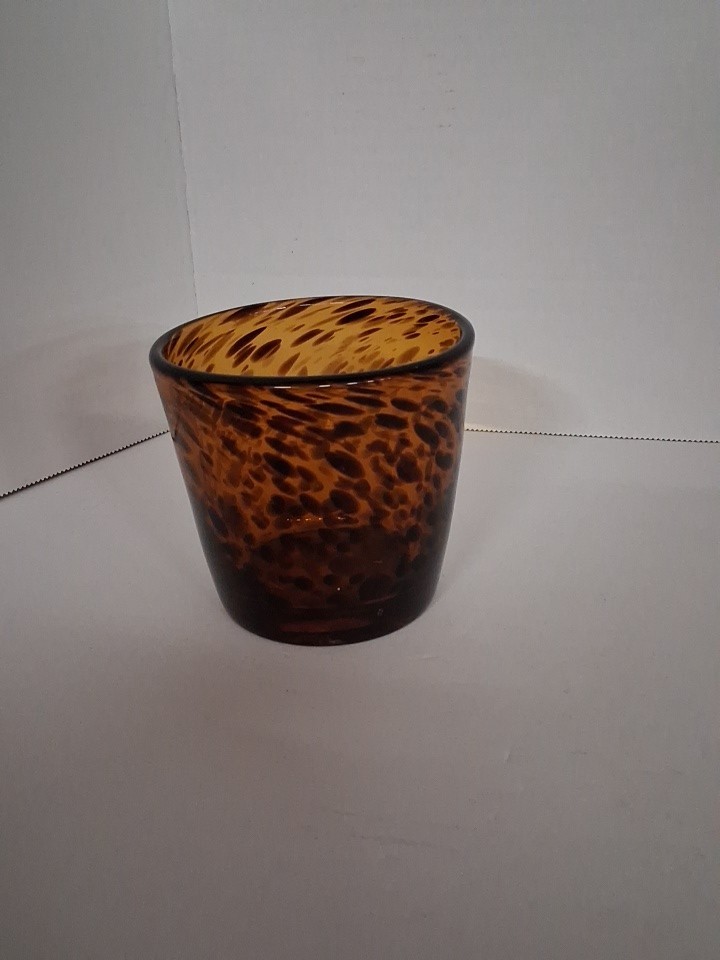 Hand Blown Art Glass Tortoise Shell Style Votive Candle Planter 3.75” Tall