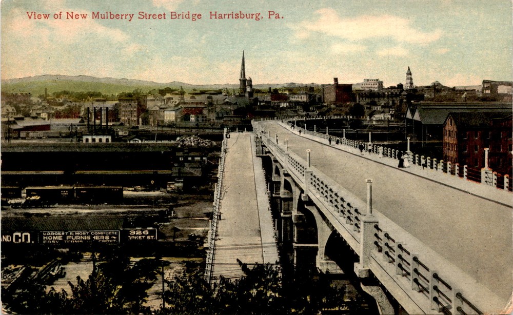 New Mulberry Street Bridge, Harrisburg, PA, Home Furnishers, Market St. Postcard