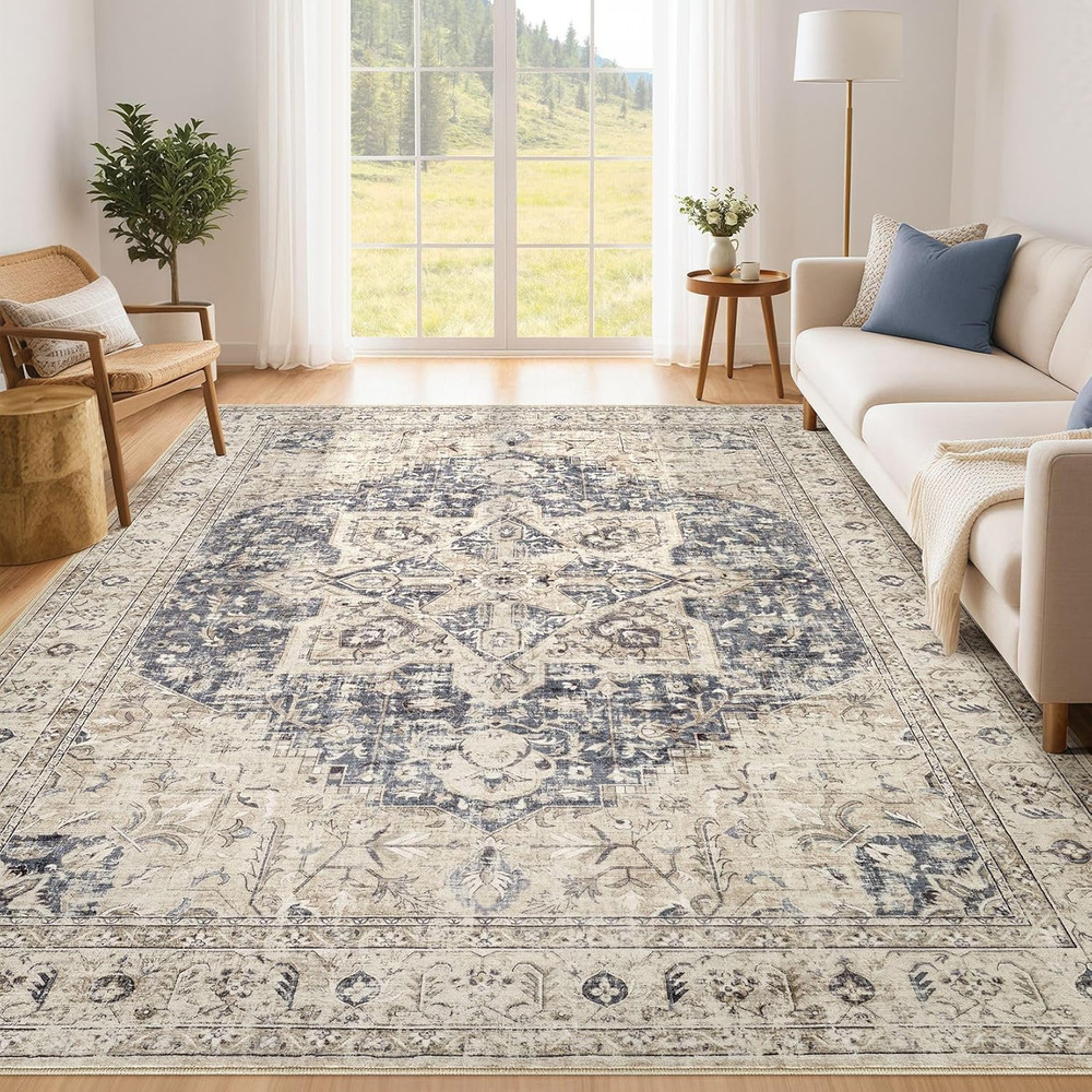 Area Rug Living Room Rugs - 5X7 Washable Boho Rug Vintage Oriental Distressed Fa