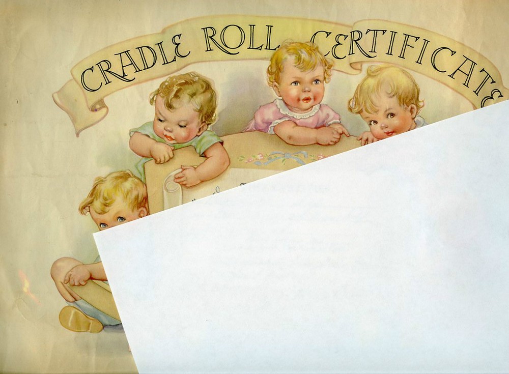 SELF Family Cradle Roll Certificate, B) 1954, Bpt 1956 - Child Edward