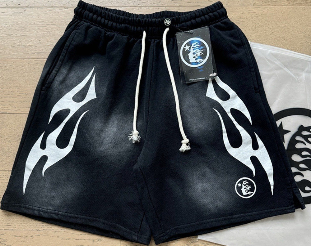 Hellstar Black Cotton Sweat Shorts White Flame Graphic Drawstring Pockets Men M