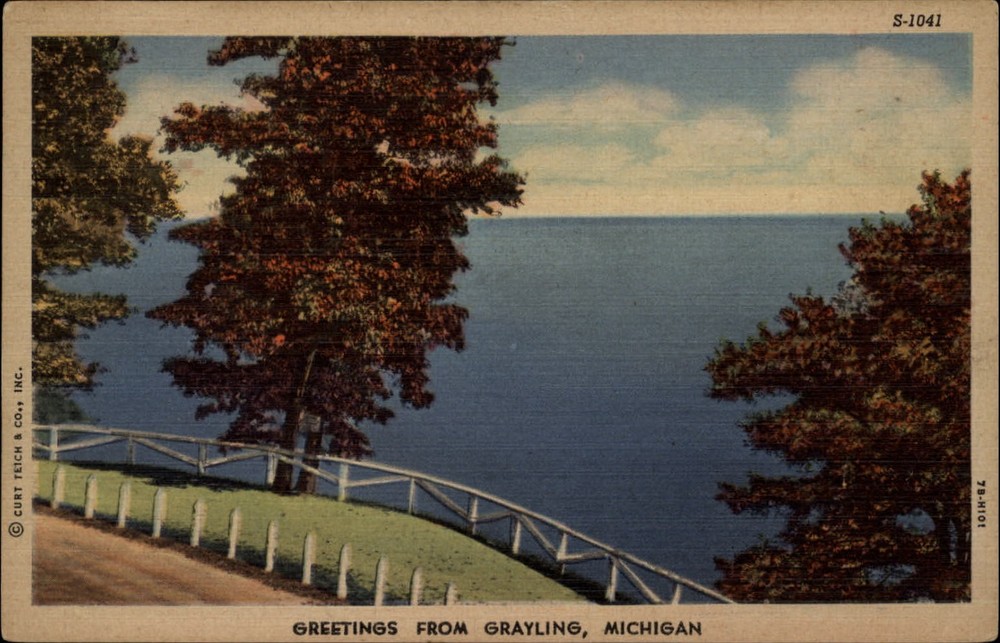 Michigan Grayling Greetings from lake scene ~ 1930s linen postcard  ~ s9963