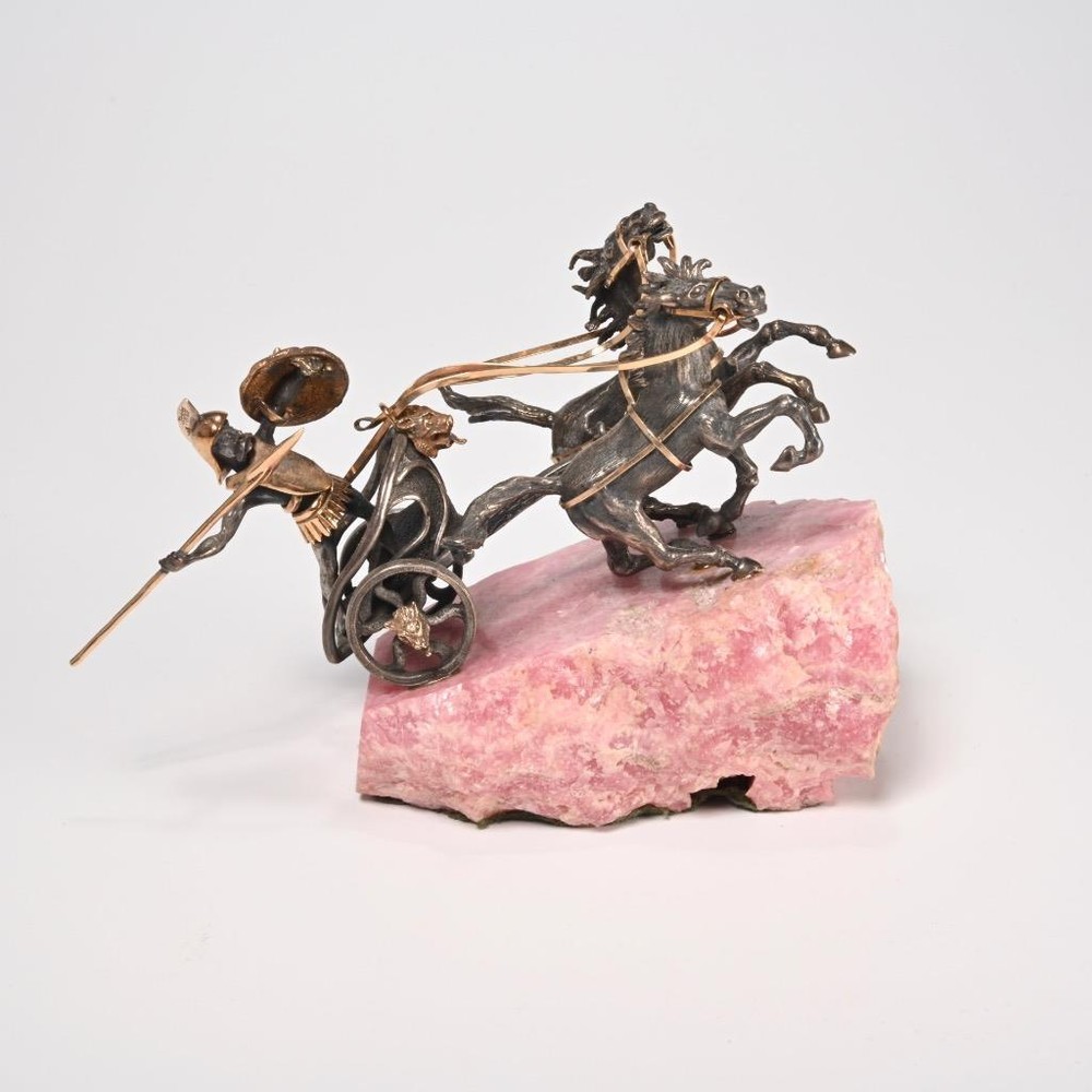 James Schwabe Achilles Chariot Silver Gold Pink Quartz Emerald Sculpture 3.75
