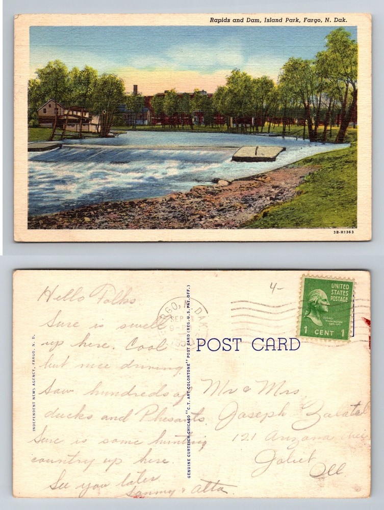 Fargo ND-North Dakota Rapids and Dam at Island Park River Scene Vintage Postcard