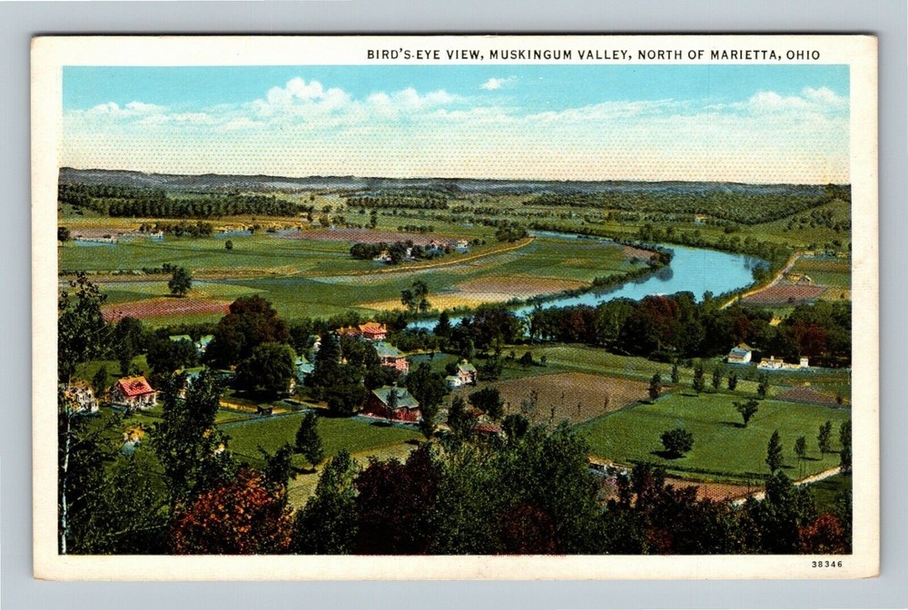 Marietta OH, Scenic Bird' Eye View Muskingum River Valley, Ohio Vintage Postcard