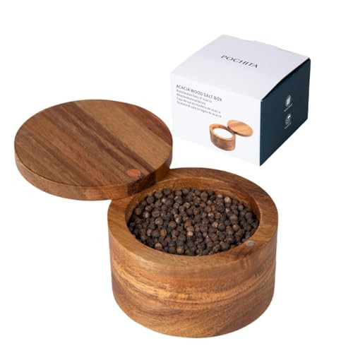 Acacia Wooden Salt Cellar with Swivel Magnetic Lid for Dust Protection-image