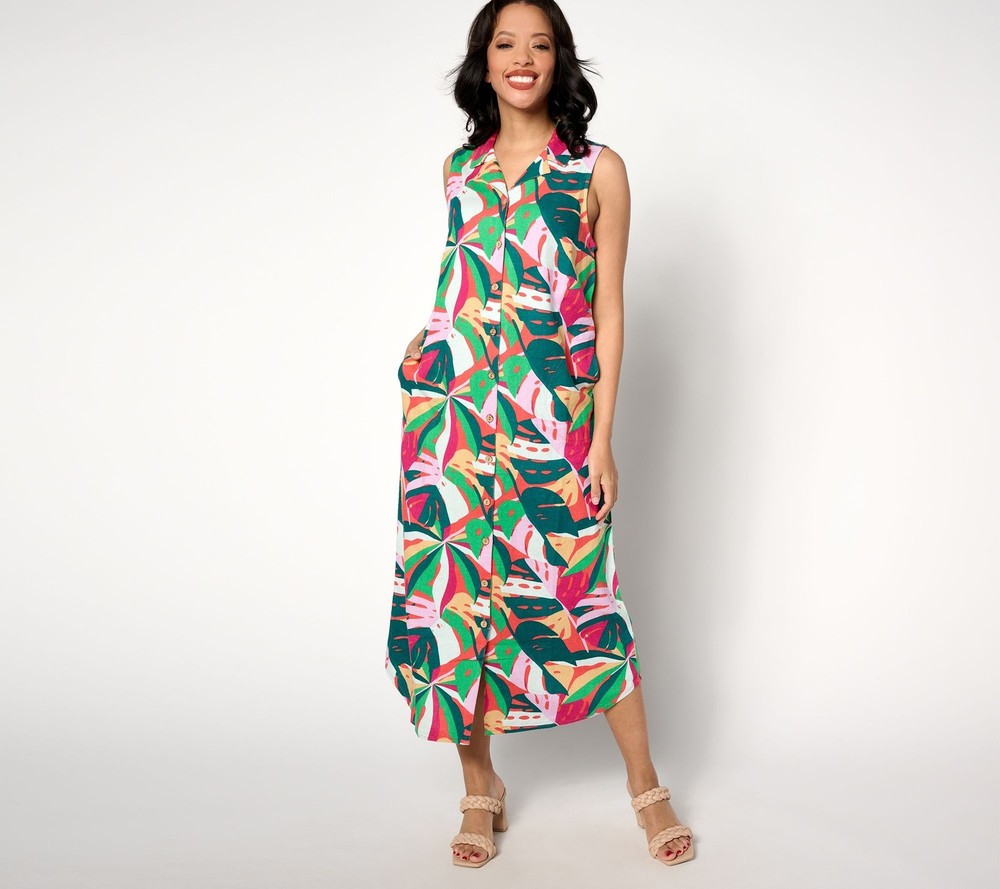 Studio Park Women's Petite Dress PM Printed Linen Shirtdress Pink A641710