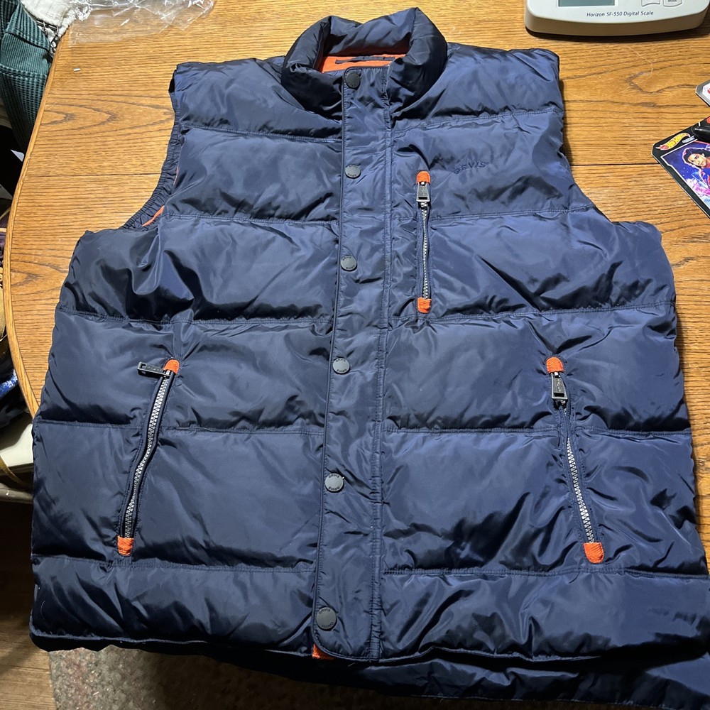 Orvis Navy Blue/ Orange Quilted Duck Down Vest Size Large Super Clean
