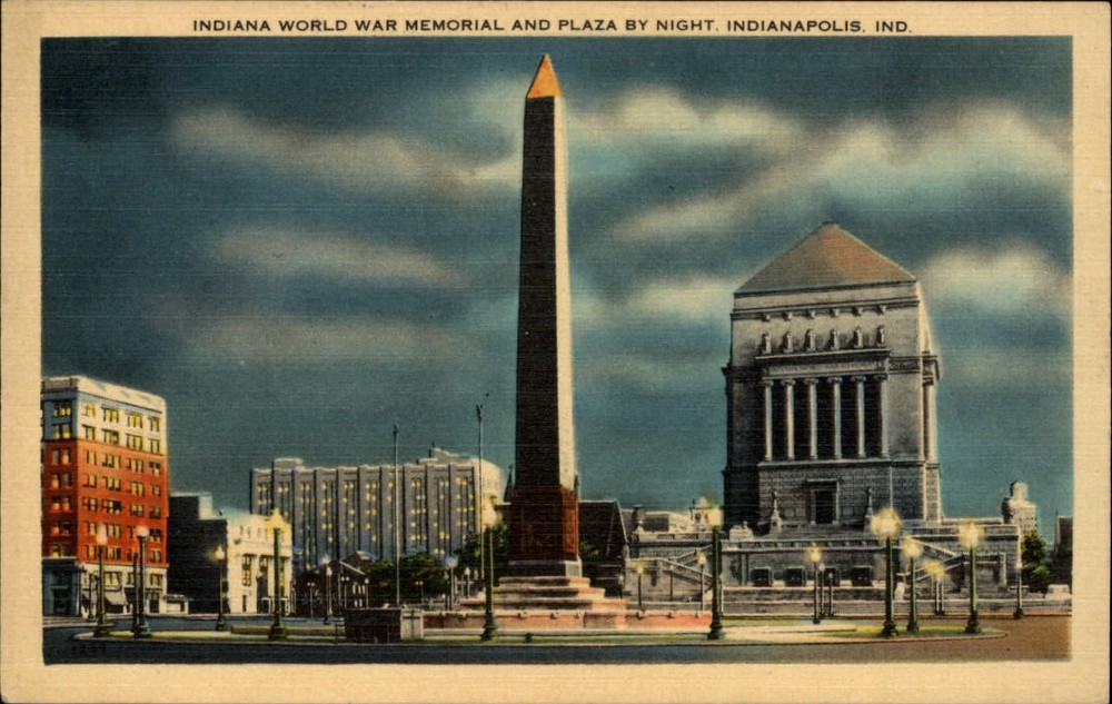 Indiana World War Memorial Indianapolis night view ~ 1940s linen postcard