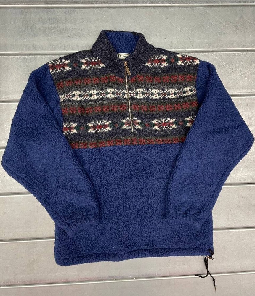 Vintage LL Bean Quarter Zip Sweater Mens Small Blue Wool Nordic Fair Isle