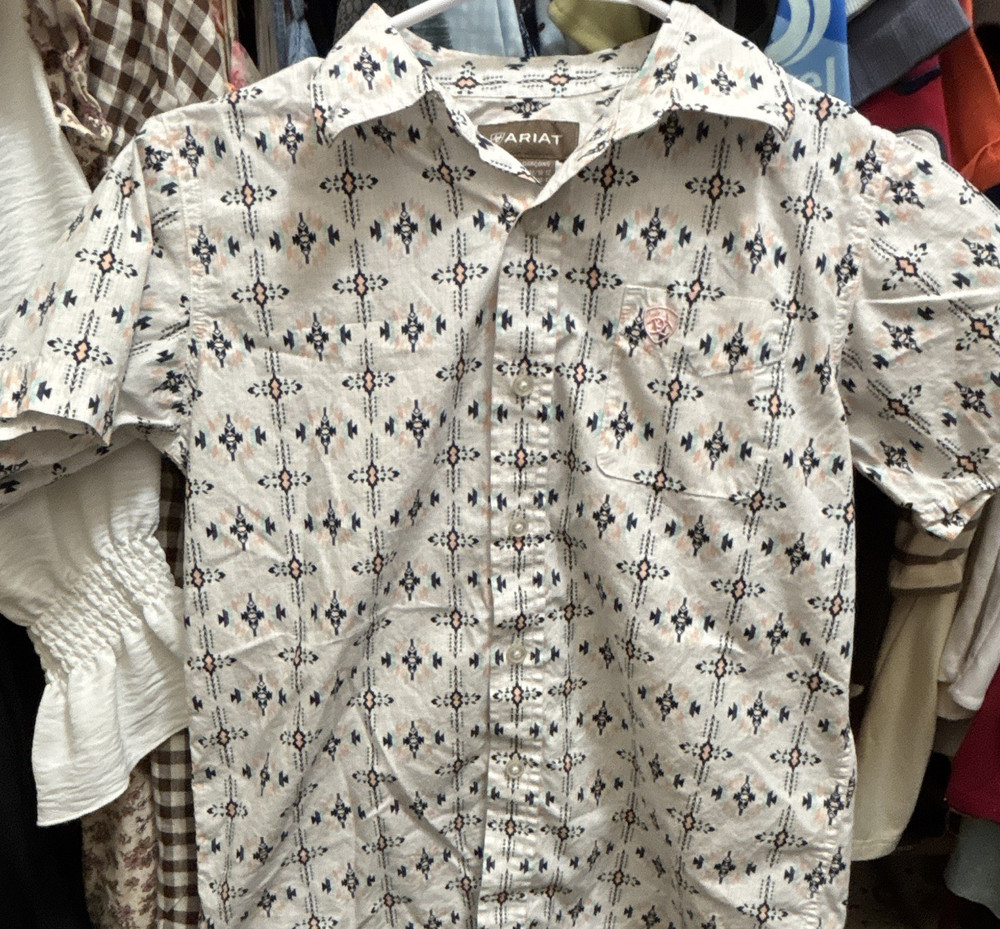 Ariat Boys Short Sleeve Button-Up Western Shirt M/10-12 Geometric Pattern
