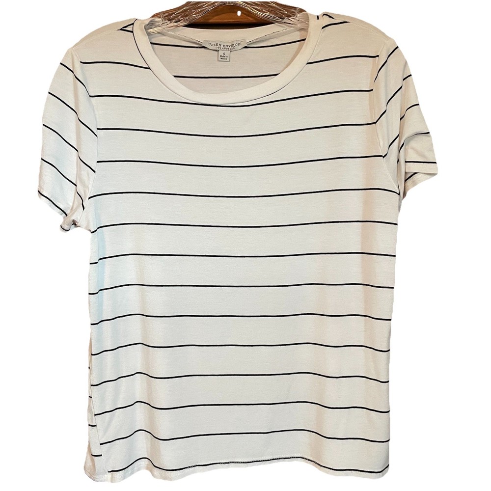Green Envelope Top Womens S Ivory Black Striped Round Neck T-Shirt Short Sleeve