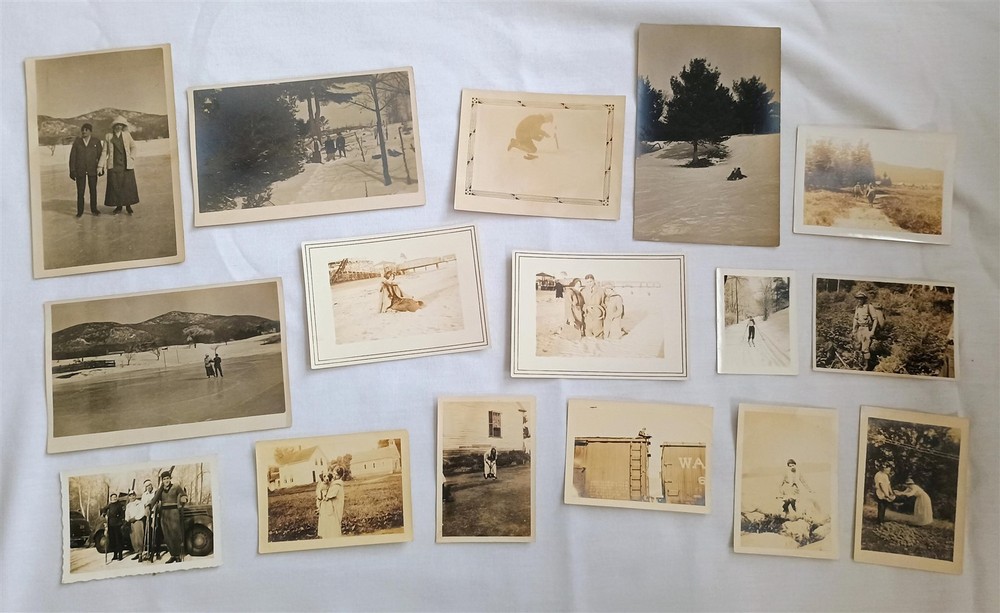 Vintage Photo Lot People Outdoors Skis Iceskates Man w/ Pack Basket Train