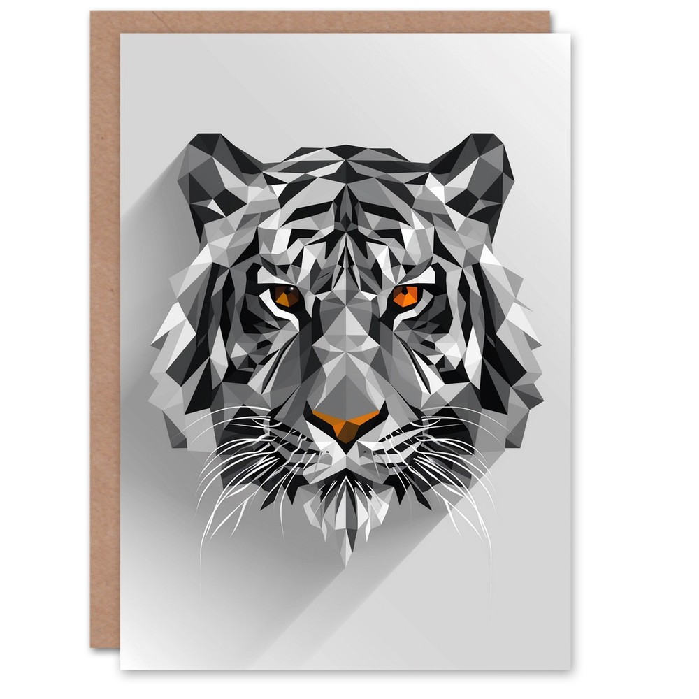 Fierce Tiger Polygonal Head Grey Orange Geometric Birthday Card