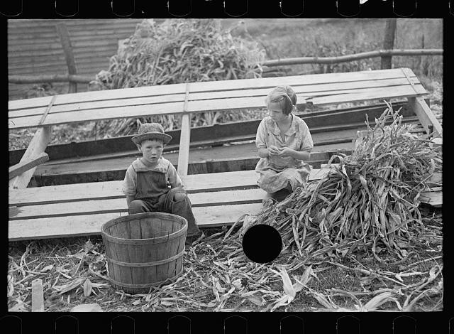 Photo:1930s Farm Children Corn Harvest Wooden Crate Rural Scene