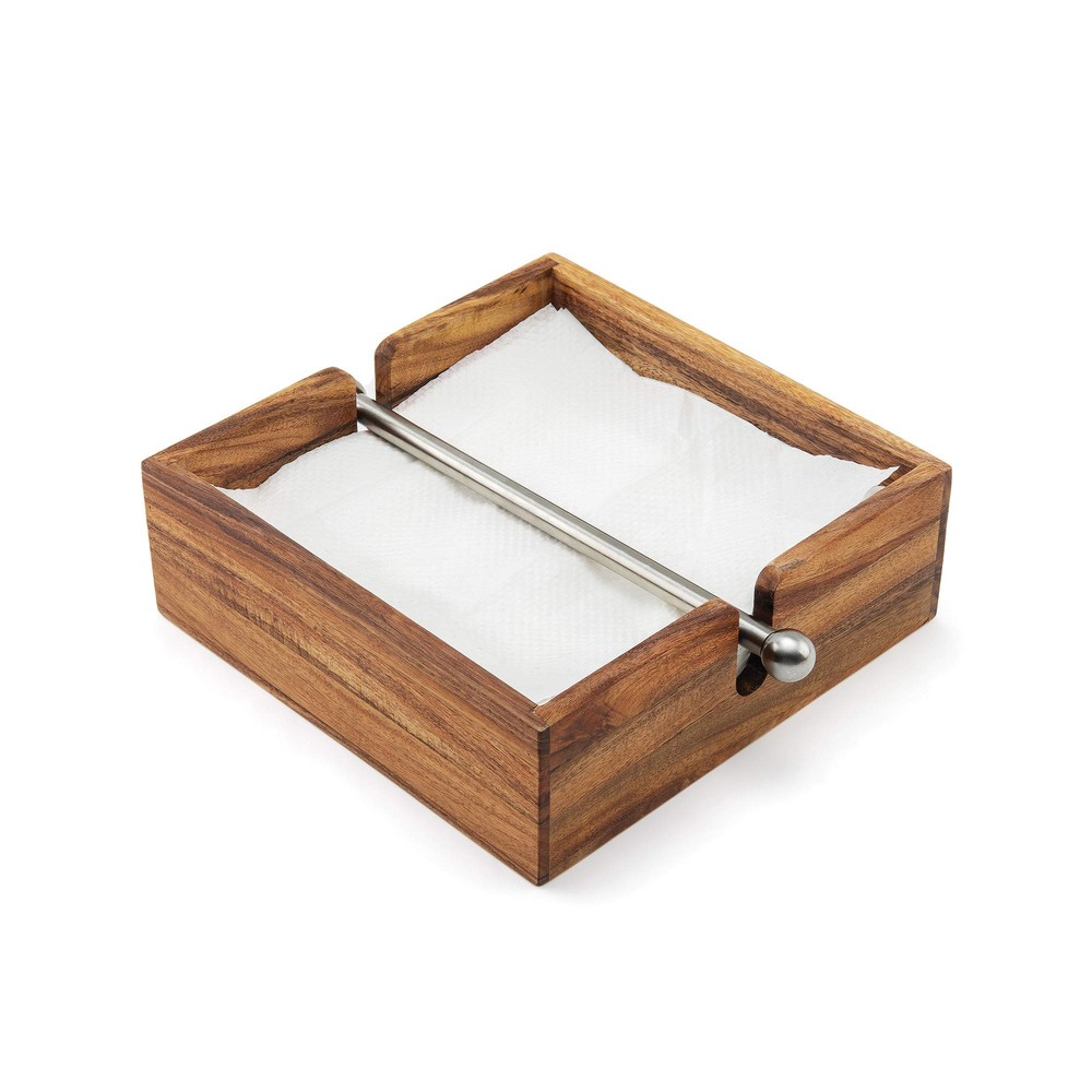 Acacia Wood Napkin Holder with Weighted Stainless Steel Center Bar 6.25-Inche...-image